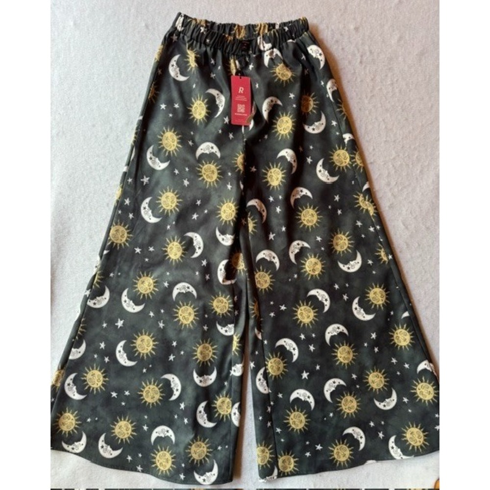 Romwe Celestial Wide Leg Pants SML Green Yellow Pull on Elastic Waist Sun Moon